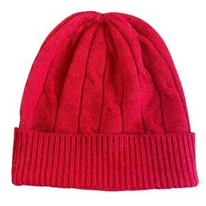 100% Cashmere Red Cable-Knit Beanie Cap, Helping Hand Handlooms #340F